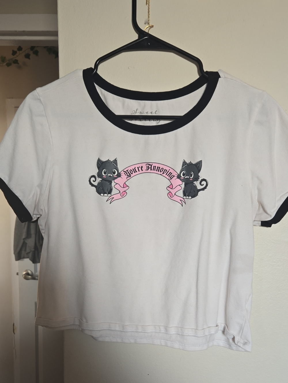 White Short-Sleeve Ringer Tee with Pink Banner Cat Graphic
